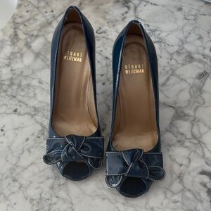 Stuart Weitzman Navy Patent Peep Toe Heels